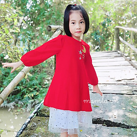Set áo dài cho bé trai kèm quần bé gái kèm váy Beemo thêu trăng sao màu đỏ Tết MamLa