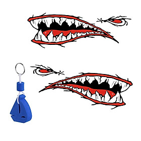 2 Pieces Shark Mouth Teeth PVC Car Yacht Boat Decal Sticker Decor + Blue Sailing Floating Key Chain Key Ring