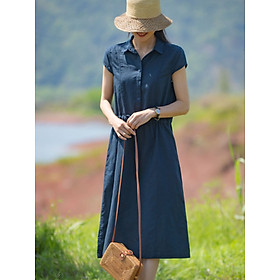 Đầm sơ mi ngắn tay, Đầm linen suông nữ rút eo cổ sơ mi, phong cách retro ARCTIC HUNTER