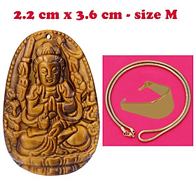 Hình ảnh Mặt Phật Thiên thủ thiên nhãn đá mắt hổ 3.6 cm kèm dây chuyền inox rắn vàng - mặt dây chuyền size M, Mặt Phật bản mệnh, Quan âm bồ tát