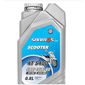 Dầu nhớt Sanmos (USA) xe tay ga S400 SAE 10W40 API SM, JASO MB 0,8L dành cho xe máy