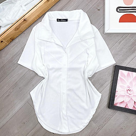 Áo thun tay ngắn bigsize dáng dài cổ bẻ vạt bầu có nút kiểu, Áo phông chất gân tăm co giãn phom rộng 60-95kg G33 - Trắng