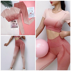 Bộ Quần Áo Thể Thao Nữ Gồm Quần Dài Và áo Ngắn Tay Croptop Vải Dệt Kim Quảng Châu ( Áo đã sẵn mút nâng ngực )