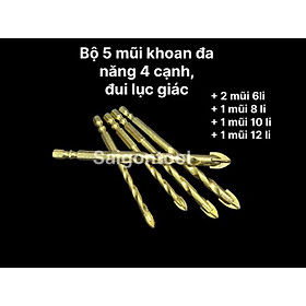 Bộ 5 mũi khoan đa năng, 4 cạnh, đuôi lục giác
