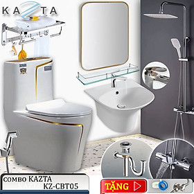 Mua Combo Thiết Bị Nhà Tắm KAZTA KZ-CBT05: Bồn Cầu Liền Khối-Lavabo Liền Chân-Sen Tắm Đứng Chỉnh Nhiệt-Gương Khung Nhôm-Kệ Kính-Giá Treo Khăn Kèm Full Bộ Phụ Kiện Nhà Tắm