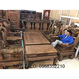 Bộ bàn ghế gỗ phòng khách giả cổ nghê ba đàu tay 14 10 món gỗ mun đuôi công