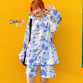 Set Áo Hoodie 3D Unisex Dáng Rộng Kèm Quần Short - Set Bộ Hoodie Loang Màu - MM