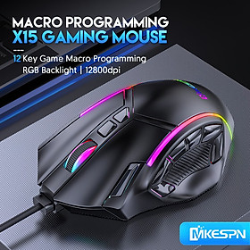 Chuột Gaming macro X15 Chống ồn - Led RGB - 12800 DPI - 12 phím