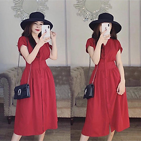 Đầm form dài tay con nút bọc