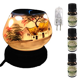 Đèn xông tinh dầu tam giác làng quê và 3 tinh dầu sả chanh Eco 10ml và 1 bóng đèn