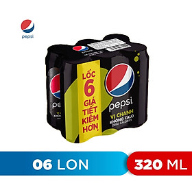 Lốc 6 Lon Nước Uống Có Gaz Pepsi Vị Chanh Không Calo (320ml/Lon)