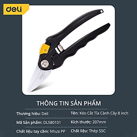 Kéo Cắt Tỉa Cành Cây Deli Chính Hãng 8inch - Lưỡi Thép Sắc Bén, Siêu Bền, Tay Cầm Đệm Cao Su An Toàn, Chắc Chắn DL580201 - Kéo xanh lưỡi thẳng1