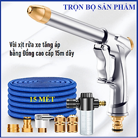 Vòi phun nước đồng cao cấp rửa xe tưới cây tăng áp thông minh giãn nở khi sử dụng 15 mét dây (Kèm bình tạo bọt)