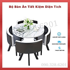 Bộ Bàn Ăn 4 Ghế  Da Tiết Kiệm Diện Tích, Bàn Ăn Tròn Mặt Vân Đá Đường Kính 80cm