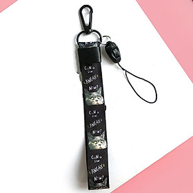 Móc khóa dây Strap dây vải ngắn hình con mèo - đen