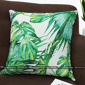 vỏ gối vuông tựa lưng trang trí sofa 45x45cm hoạ tiết LÁ XANH