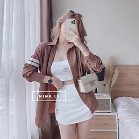 Sét bộ nữ 3 món áo sơ quốc dân phối croptop borip xinh xắn, trẻ trung dạo phố, đi biển