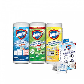 Combo Khăn Ướt Kháng Khuẩn CHỨA CỒN! 3 Hộp Läupro 135 Khăn (1 Lau Bếp + 1 Lau Kính + 1 Đa Năng) được tặng 1 Hộp Läupro Lens 20 Khăn (Laupro) - Được Kiểm Nghiệm & Chứng Nhận!