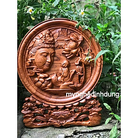 Mua Đĩa khắc nhất tâm bái phật bằng gỗ hương đá  kt 30x30x3cm + chân đế cao tổng 38cm