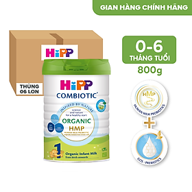 Thùng 6 lon sữa bột dinh dưỡng công thức HiPP 1 Organic Combiotic chất lượng hữu cơ, hỗ trợ, tăng cường sức khoẻ hệ miễn dịch, bổ sung omega 3,6 (DHA&ARA) dành cho trẻ dưới 6 tháng tuổi (6 lon x 800g)