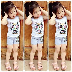Bộ quần áo sát nách bé gái thun in hình cú cho bé từ 5kg đến 18kg