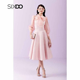 Đầm xòe nữ taffta phối tay voan cổ nơ thời trang SIXDO