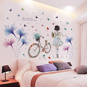 Decal dán tường phòng ngủ combo cô gái giữa vườn hoa tím lãng mạn