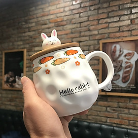 Ly gốm sứ Thỏ xinh kèm nắp gỗ và muỗng sứ siêu Cute