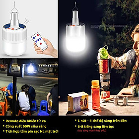 Đèn Led Sạc Điện có Remote 60W siêu sáng – Bóng Đèn Tích Điện năng lượng mặt trời có móc treo - 4 Chế Độ Sáng