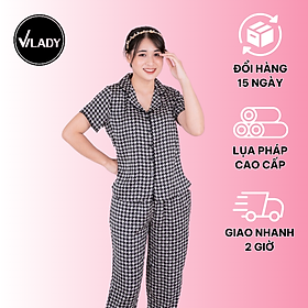 Bộ đồ Pyjama nữ, đồ mặc nhà lụa VILADY - B142 kiểu Quần dài tay cộc họa tiết Ziczac chất liệu lụa Pháp (lụa latin) - Màu đen
