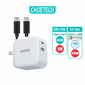 Bộ Củ Sạc CHOETECH QC 3.0 & PD 3.0 38W PD5002-W + Cáp Type C to C 1M 45W CC0002-V2 - Hàng Chính Hãng