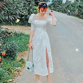 Đầm dự tiệc gấm xẻ đùi siêu yêu TRIPBLE T DRESS - size M/L- MS229V