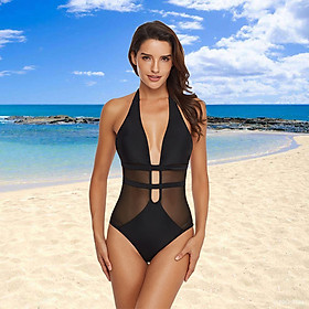Women One Piece Swimsuit See Through Mesh Halter Plunge V Neck Backless Padded Wireless Bodysuit Bikini Beach Pool