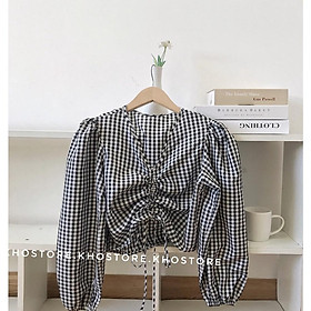 Áo croptop tay dài nhún ngực tôn dáng, áo đi biển tay phồng caro 2 màu, áo dây rút kiểu dáng hàn quốc, vải cotton mát