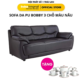 Ghế sofa 3 chỗ BOBBY/L khung gỗ bền chắc, đệm bọc da PVC cao cấp nâu sẫm | Index Living Mall - Phân phối độc quyền tại Việt Nam