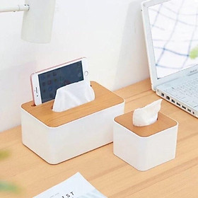 Mua Hộp đựng khăn giấy nắp gỗ decor trang trí để bàn có khe để điện thoại
