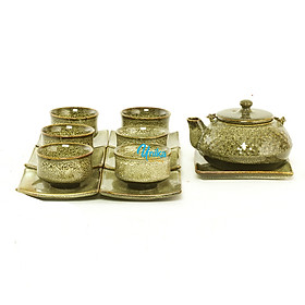 Bộ ấm trà chén suông men gấm vàng actv8 - bộ ấm chè men hỏa biến - gốm sứ cao cấp bát tràng
