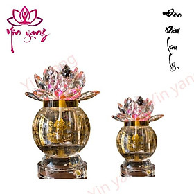 Đèn Dầu Lưu Ly Cát Tường Hoa Sen Dát Cạnh Pha LêCao Cấp 19 x 13cm- Đồ Thờ Cúng- Yinyang Shop