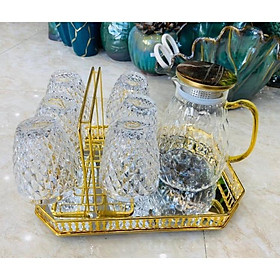 Mua Combo bình đựng nước uống thủy tinh chịu nhiệt cao cấp kèm khay và giá úp cốc