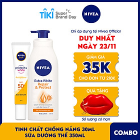 Bộ đôi Tinh Chất Chống Nắng NIVEA Dưỡng Trắng & Phục Hồi SPF50+ PA+++ (30ml) - 86016 & Sữa Dưỡng Thể Dưỡng Trắng NIVEA Ban Ngày Giúp Phục Hồi & Chống Nắng SPF30 (350ml) - 88311