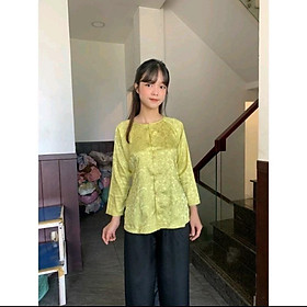 Bà Ba Gấm Cả Bộ - Quần Đen Phi Lụa - Áo Lụa Gấm Hoa Văn, Tay Dài Nút ngọċ Trai - Xanh Bơ( quần đen)