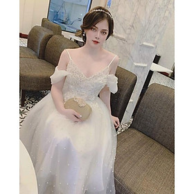 ĐẦM XOÈ 2 DÂY RỚT VAI KẾT HOA NỔI VÀ NGỌC SANG TRỌNG - CÓ SIZE M/L ĐẾN 57KG - MS262VMM MM