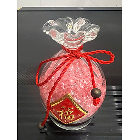 Tượng Túi tiền Để bàn làm việc và xe hơi Thạch anh Hồng ĐẸP tự nhiên cao 10cm x 7cm hợp mệnh HỎA THỔ trưng rất đẹp xinh may mắn tài lộc ạ