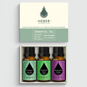 Set 3 Chai Tinh Dầu Xông Phòng Làm Việc Heber Natural Life | Bạc Hà - Wake Up Blends - Thư Giãn Blends | 100% Thiên Nhiên Nguyên Chất l 10ml