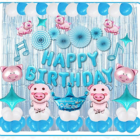 Set bong bóng trang trí sinh nhật chủ đề bé heo đáng yêu tông xanh chủ đạo xinh xắn, đáng yêu cho các bé YBHP-011