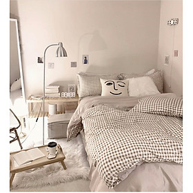 Bộ chăn ga gối cotton LIDACO PL1 - Caro Nâu (SP000661) - TẶNG VỎ GỐI ÔM