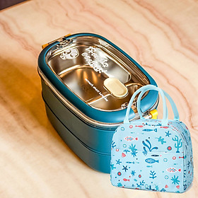 Hộp Cơm Giữ Nhiệt INOX304 Hiện Đại Tặng Kèm Túi Giữ Nhiệt - Xanh Navy 2 tầng - Sinh vật biển
