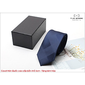 Cà Vạt Nam Bản nhỏ 6cm xanh đen kẻ vân chìm - Cavat Hàn Quốc Cao Cấp Full box
