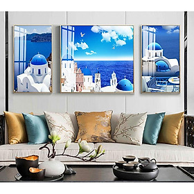 Bộ ba tranh tráng gương cao cấp ngôi nhà biển xanh