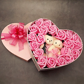 Quà tặng sinh nhật, 8 3 cho bạn gái, vợ - hoa hồng sáp hộp tim 2 gấu